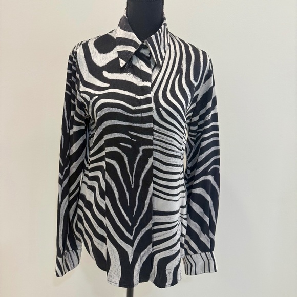 Just Cavalli Silk Top, Size 46, Zebra-like Print, Long Sleeves